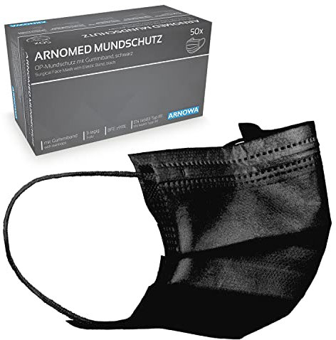 ARNOMED 50x Medizinische Mundschutzmaske Schwarz, CE Zertifizierte Op Maske, Medical Face Mask, Schutzmaske Mund & Nase, Einwegmasken, Chirugischer Mundschutz, Klinische Gesichtsmasken