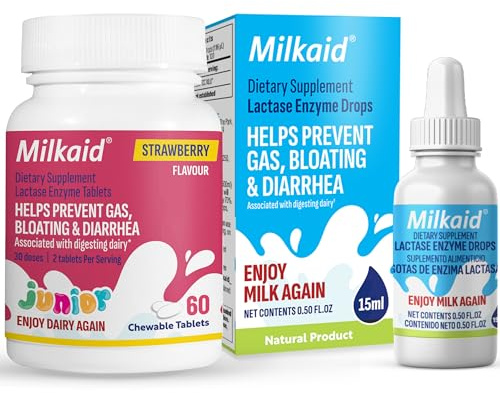 Milkaid Junior Lactase Enzyme Chewable Tablets Lactase Drops for Lactose Intolerance Relief | Prevents Gas, Bloating, Diarrhea in Children | Fast Acting Dairy Digestive Supplement |