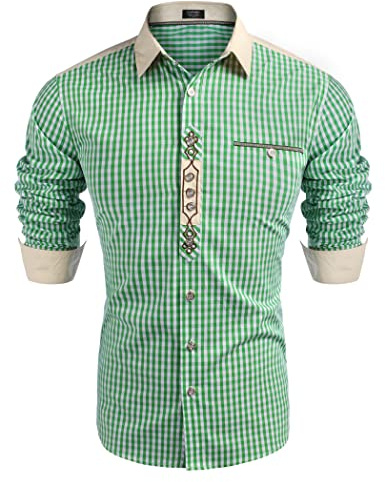 COOFANDY Camisa de manga larga para hombre, camisa tradicional para Oktoberfest, camisa a cuadros, camisa para el tiempo libre, camisa de cuadros para hombre, camisa con cuello Kent de algodón, verde,