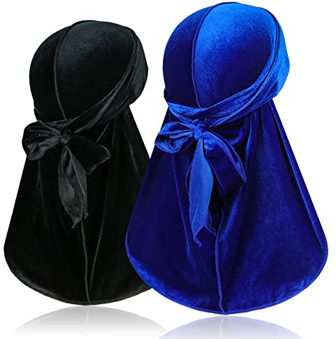 2 piezas de terciopelo durags para 360 ondas, envoltura de cabeza de seda con cola extra larga y tirantes anchos para hombres y mujeres, Negro y azul., Talla única