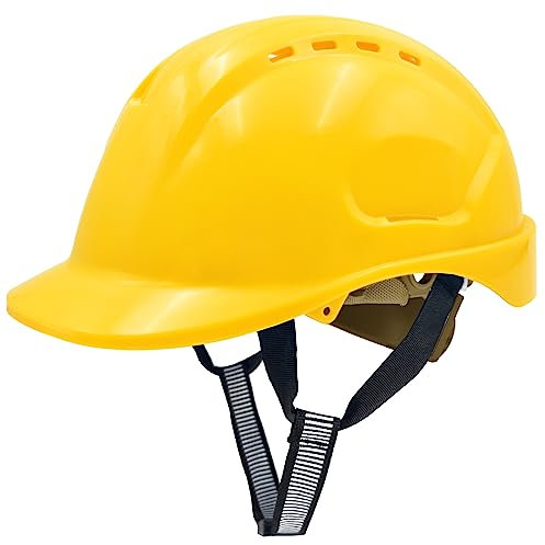 Bauhelm EN397, Mustbau Sicherheitshelm, Arbeitshelm Schutzhelm mit DIY Steckplätze für 53-65 cm Kopfumfang verstellbar, Sicherheitshelm mit Schweißband für BAU und Industrie (Gelb, 1 Pcs)