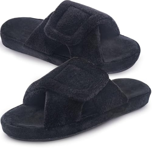 Git-up Ladies Memory Foam Slippers with Arch Support Adjustable Hook and Loop Open Toe Women Slippers Soft Bedroom House Indoor Outdoor Shoes UK7 Black