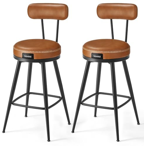 VASAGLE EKHO Kollektion - 360° drehbarer Barhocker, 2er Set, Hocker mit Rückenlehne für Kücheninsel, Kunstleder mit Nähten, Mid-Century-Modern-Stil, 65 cm hoch, Küche, Hausbar, karamellbraun LBC089K01