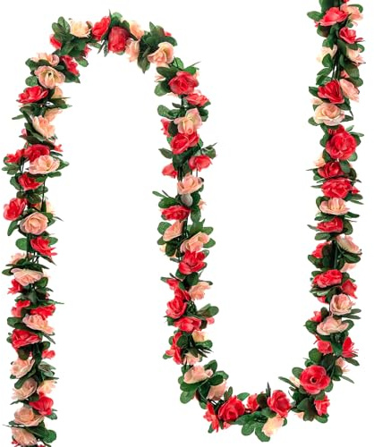 MWOOT 4 Pezzi 2.5m Ghirlanda Fiori Artificiali, Viti di Rose Fiori di Seta, Ghirlande di Rose Finte Appese per Arco di Nozze Parete Festa Casa Giardino Tavolo Decorazione(Rosa)