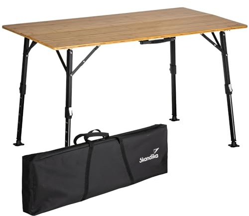 skandika Tobro Mesa de Camping Plegable | Tablero de bambú, Regulable en Altura sin escalonamientos, 100 kg de Capacidad de Carga, Resistente a la Intemperie, Bolsa de Transporte (120x70x70cm)