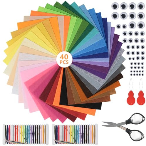 Annickee 40 Farben Bastelfilz, 15 x 15cm Filzstoff, Felt Fabric Filzplatten mit Bunter Stickgarn, Schere und Falsche Augen, Farbig Filz Blätter zum DIY Handwerk Nähen Projekte Manual Decoration