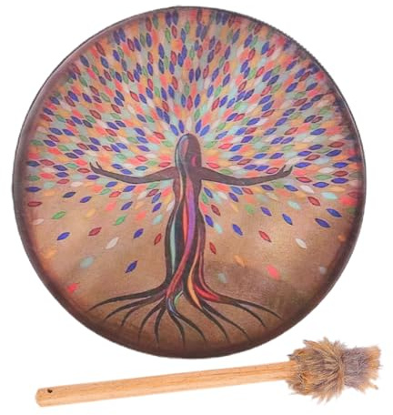 Tamburo sciamanico, tamburo sciamanico a mano, tamburo siberiano in pelle PU con bacchetta, tamburo spirituale circolare, tamburo musicale in legno vintage per guaritore del suono