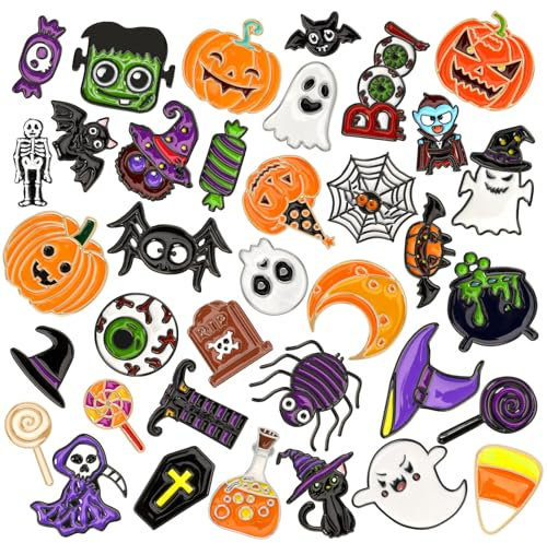 DTOFOOT Lot de 36 broches en émail pour Halloween, motif tête de mort mignonne, citrouille, fantôme, chat noir, sorcière, chauves-souris, pour vêtements, décoration