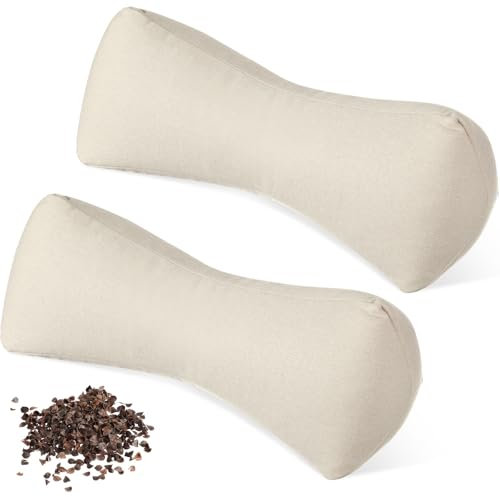DoubleFill 2pcs Buckwheat Neck Support Pillow Cervical Pillow for Pain Relief Adjustable Buckwheat Hulls Breathable Support for Side Back Sleepers Lunch Break 15x6 Inch(Beige,Cotton and Linen)