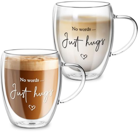 YIK TUNG Double Walled Glass Coffee Cups, The Gift of Love, 350ml Insulated Latte Glasses, Thinking of You Gift, Sympathy Gifts, Dishwasher Safe, Cappuccino Macchiato Milk Tea Glasses Cups
