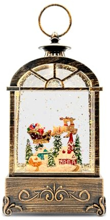 Christmas Snow Globe Lantern, Vintage Window-Style Water Lantern with Music, Glitter Swirl & 6H Timer, Santa Sleigh Scene, USB or Battery Powered Holiday Décor