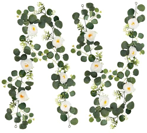Guirnaldas Artificiales de Eucalipto, 2 Piezas 1,8 Metro Flores Artificiales Decoracion, Eucalipto Plantas Colgantes Artificial, Guirnalda Planta Colgante con Flores, para Decoración(Blanco, Verde)
