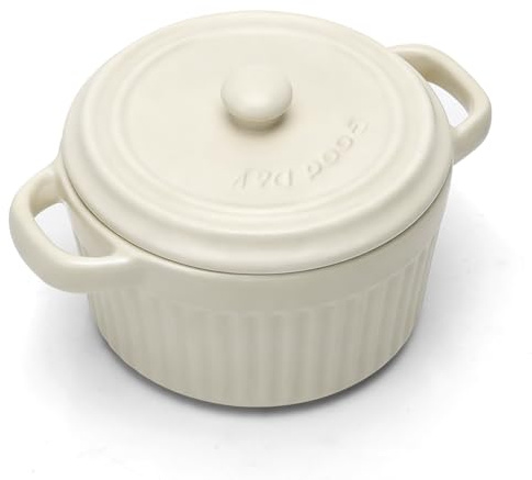 Mini cocotte con coperchio, pirofila in ceramica con manici e coperchio, stampini rotondi con coperchio per lasagne, soufflé, crème brûlée, dessert, per microonde e forno (Bianco, S-250ml-1pc)
