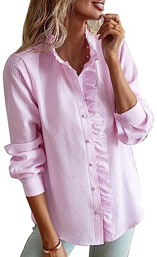 Garsent Blus med Spetsknappar med Krage, Elegant Långärmad Skjorta för Kvinnor och Flickor, Sommar, Strand, Semester, Vit Polyester (S)