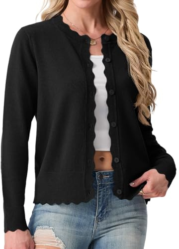 GRECERELLE Cardigan da donna lavorato a maglia girocollo leggero a maniche lunghe cardigan maglione da donna button down smerlato coprispalle maglione per abito estivo sera matrimonio, Nero , M