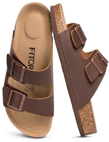FITORY Mens Leather Sandals, Cork Footbed Slides for Summer | Double Buckle Adjustable Straps Slip On Open Toe Flat Shoes with Comfy Arch Support for Beach, Holiday, Outdoor