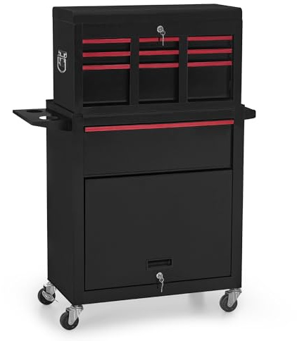 BarberPub carrello parrucchiere 2 in 1 con 5 cassetti e armadio, carrello servizio con 2 supporti asciugacapelli, carrello lavoro chiudibile a chiave, metallo, impilabile, 0097(Nero-rosso)
