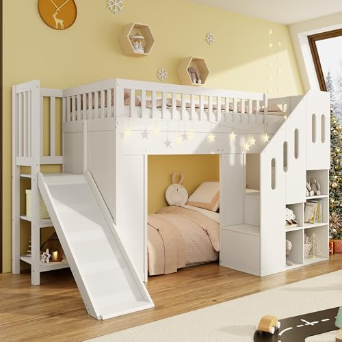 Su & Chan Legence Bunk Bed with Slide, Loft Bed with Open Under-Storage Space, Kids Bed with Storage Stairs and LED Light Strip, No Mattress, 90 x 190cm, White