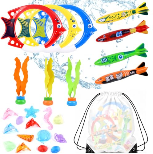 VEYLIN Pool Diving Toy Set for Kids, 25 Pieces Swimming Pool Dive Toys Torpedoes, Seaweed, Rings, Gems and Dolphins, Summer Swim Training with Backpack
