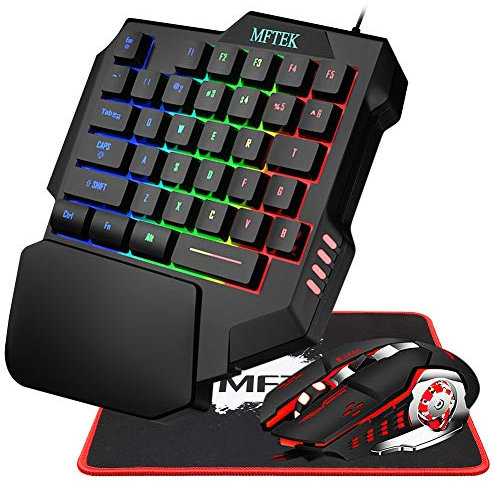 MFTEK Combo de teclado y mouse para juegos con una sola mano, retroiluminado RGB arco iris, teclado mecánico con una sola mano con soporte para reposamuñecas, teclado con cable USB, mouse y