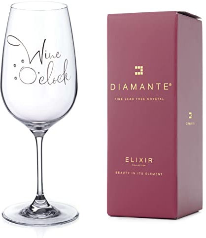 DIAMANTE Swarovski Wine O’Clock Glass – Single Crystal Wine Glass with Fun Novelty Slogan Embellished with Swarovski Crystals