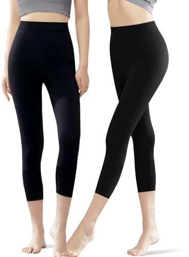 Lot de 2 Leggings Courts en Coton pour Femme – Leggings 3/4 Noirs, Doux Respirants Confortables au Quotidien (9075-Black, L-XL)