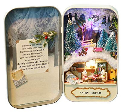 MAGT DIY Puppenhaus Set, Handmade Box Puppenhaus Naturthema Miniatur Puppenhaus Mini Puppenhaus Mit LED Licht Für Geschenk(Ice and Snow)