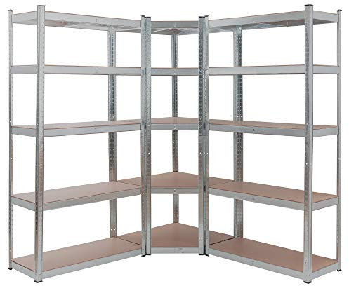 Arebos 3er Set Regalsystem Metall Lagerregal 1x Eckregal & 2X Lagerregale 15 Böden | Eckregal Kombination | bis zu 2625 kg Tragkraft | Stecksystem | Mittelquerstrebe für mehr Stabilität | Silber