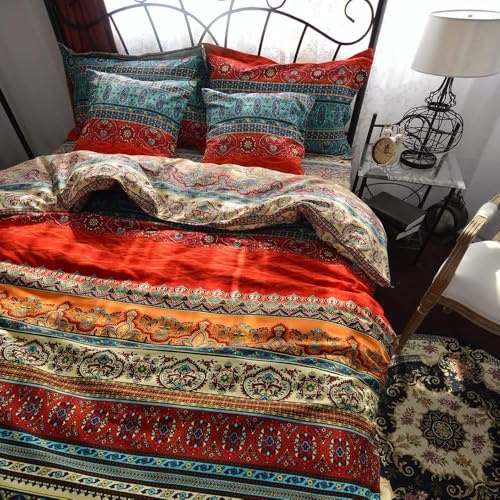 Qucover 4 PCS Duvet Covers Set 230x220 cm 100% Cotton Ethnic Bohemian Bedding King Size, Colorful Blue Pink Comforter Cover with Bed Sheet and Pillowcases