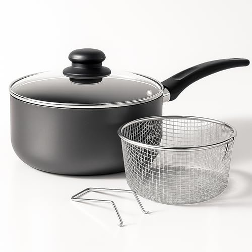 Homatz 4.2L / 22 cm Non-Stick Chip Pan with Basket and Lid | Aluminum Saucepan with Deep Wire Strainer Basket for Frying Fries, Chips, Wedges (Chip Pan 22cm)
