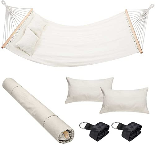 Bakaji Hamaca de jardín Doble de 2 plazas, 232 x 148 cm, Barras transversales de Madera, Revestimiento de polialgodón con 2 Cojines y Correas de diseño Moderno para jardín, terraza, Camping (Beige)