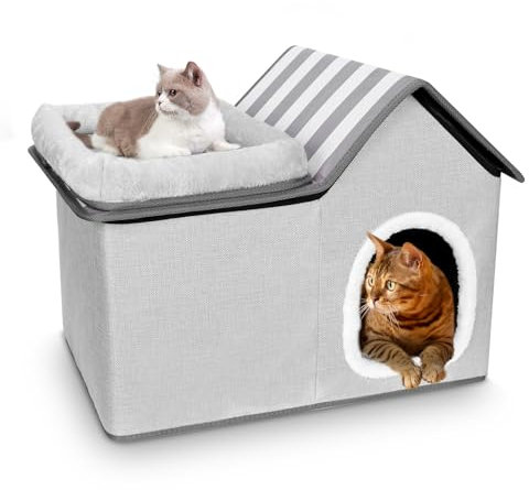 Pawchop Cat House for Indoor Cats, 2 in 1 Large Cat Cave with Removable Cushions, Multifunctional Cat Bed Hideaway for Indoor Small Medium Pets - Grey, 57 x 38.5 x 40cm