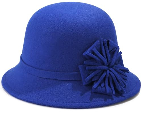 MESU Cappello da donna in feltro con cappuccio floreale, stile anni 20, Fedora, cappello vintage da bowling, blu, Taglia unica