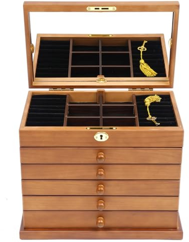 unkonwcy Portagioie in legno con specchio, grande capacità, fodera interna in velluto a 6 strati, 5 cassetti, Safe Lock per occasioni speciali