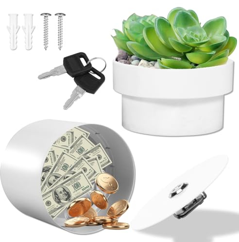 KTCINA Tresor in Form eines Blumentopfs, versteckt, mit Schlüsselschloss, Tresor, getarnt, zum Verstecken von Geld und Wertsachen, Pflanzen nicht im Lieferumfang enthalten (weiß)