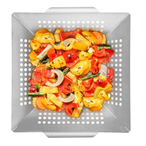 PAXLINSEN Cesta para barbacoa, bandeja para barbacoa con base perforada para asar verduras y carne, 31 x 31 cm, bandeja de acero inoxidable, accesorios para barbacoa de gas, eléctrica y carbón