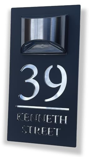 House Numbers Plaques With Solar Light House Numbers Door Signs House Signs Plaques For Wall Name For Outside 3D Laser Cut (Matt Grey & Silver Modern Text)
