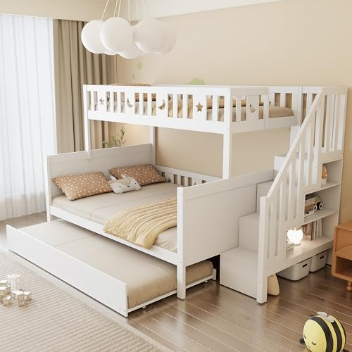 Soweiz Letto a castello in legno massiccio con scaletta di sicurezza, 90 x 200/140 x 200 cm, letto arrotolabile e rete a doghe, bianco