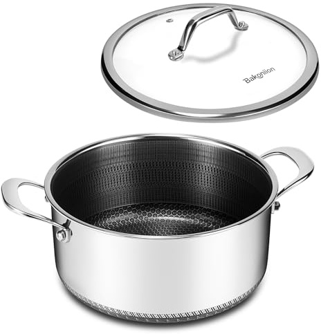 Bakoniion Hybrid Nonstick 5 QT Stockpot with Lid Two Handles, Stainless Steel Stockpot with Honeycomb Texture,Compatible with All Cooktops,Dishwasher and Oven Safe