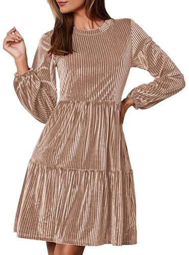 Zeagoo Damen Samtkleid Elegant Festlich Kleider Winter Langarm Freizeitkleid Rundhals Einfarbig Laternenärmel Mini Abendkleider Glitzerkleid Champagner S