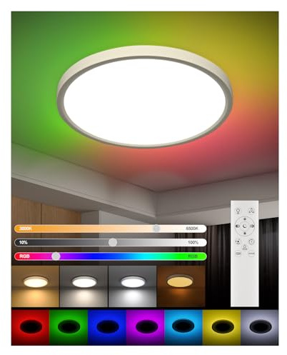 DetarZinLED Plafoniera LED Soffitto Camera da Letto, 24W 2700LM 30cm Lampada da Soffitto Tonda Dimmerabile con Telecomando, Lampadario Bagno IP44 Impermeabile, Luci RGB Colorate per Corridoio Interno