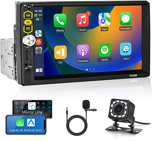 Hodozzy Single Din Car Stereo CarPlay Android Auto, 7 Inch Touch Screen Car Radio with Bluetooth FM EQ Mirror Link for Android/iOS USB/TF/Aux MP5 Player with Camera Car Stereo Receivers 1 Din