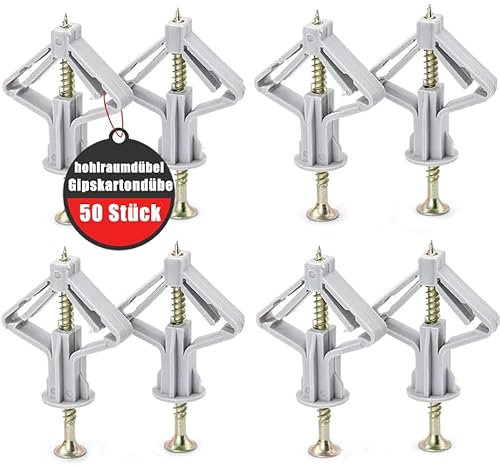 Gipskartondübe Hohlraumdübel mit Schrauben,Selbstbohrender Gipskartondübe,50 Stück Schrauben und Butterfly Hohlraumdübel, Trockenbaudübel für Einfache Montage in Gipskarton und Gipsfaserplatten
