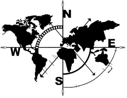 Adesivo da parete con mappa del mondo Adesivo da parete con mappa del mondo Bussola Continente Adesivo da parete Decorazione per ufficio in casa Vinile Interno Appeso-L-52x67cm-Black
