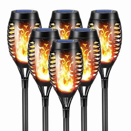 Hqynss 6 Pack Solar Flickering Dancing Flame Lights, IP65 Waterproof Solar Torch Lights for Outdoor Garden Patio Pathway Yard Driveway, Halloween Holiday Decorative Lights