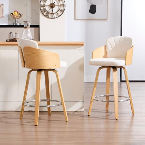 chairus Tabourets de Bar 2PCS, Chaise Haute Bar Bois, Beige | Pied Bois, Accoudoir Bois, Tissu de Velours, Repose-pied Métallique, Coussin Rembourré, Dossier Matelassé