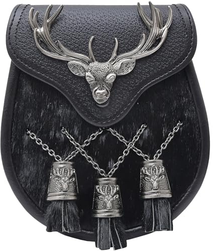 Men's Scottish Semi Dress Kilt Sporran - Traditional Highland Daywear Sporrans Stag Head Emblem and Tassels – Elegant Handcrafted Black Leather Sporran Chain Belt (Semi Dress, Black - Antique)