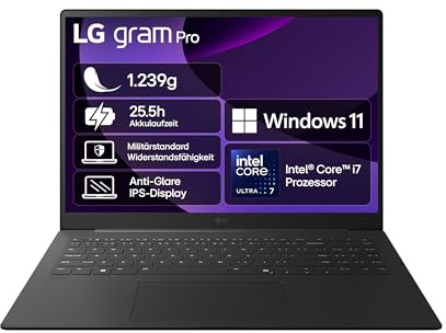 LG gram Pro 16 16Z90TS-G.AU89G (16 Zoll) IPS Notebook, Intel Core Ultra 7 258V, Intel Arc™ Graphics 140V, 16GB RAM, 1TB SSD, federleicht (1,239 kg), gram AI, Copilot+ PC, 77 Wh, Thunderbolt 4, Schwarz