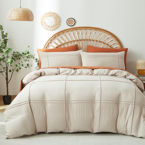 Covebett Housse de Couette 240x260 cm Beige Carreaux Tuftée Bohème Parure de Lit 2 Personnes Adulte Shabby Chic Microfibre Lavé Linge de lit Avez Fermeture Éclair et 2 Taies d'oreiller 65x65cm