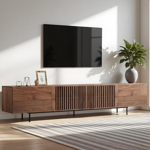 LineCrispton Long TV Unit in Walnut - Mid Century Wooden TV Stand Cabinet for 55, 65, and 75 Inch Televisions, Large Modern Media Unit with Storage for Living Room(L: 180cm)